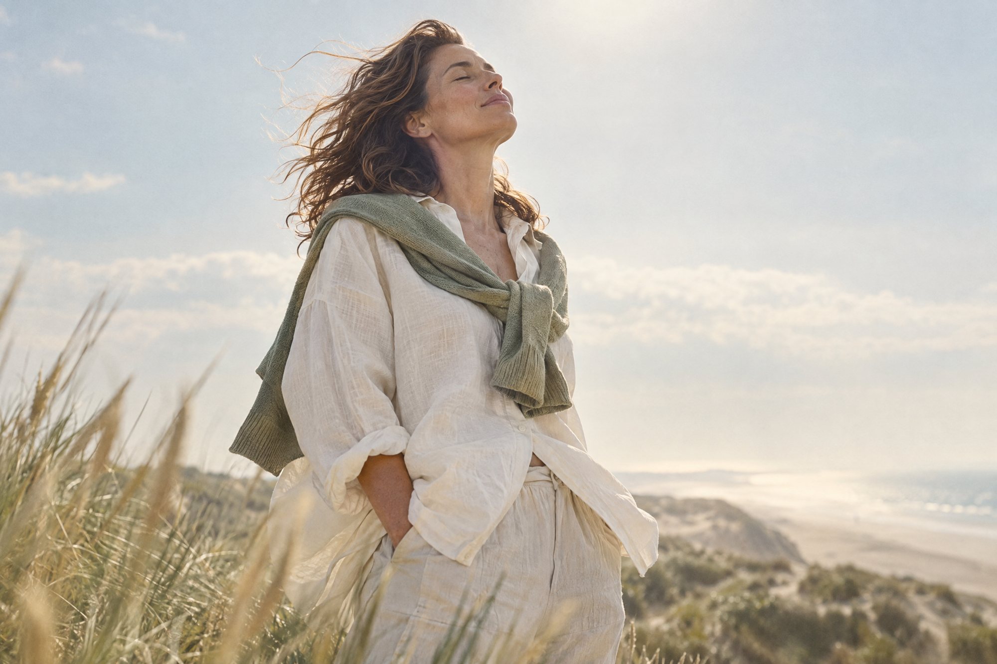 Vrouw staat met gesloten ogen in de zon op een duin en ademt uit