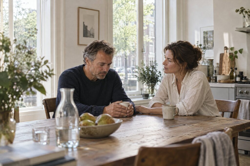 Man en vrouw in een open gesprek aan de keukentafel