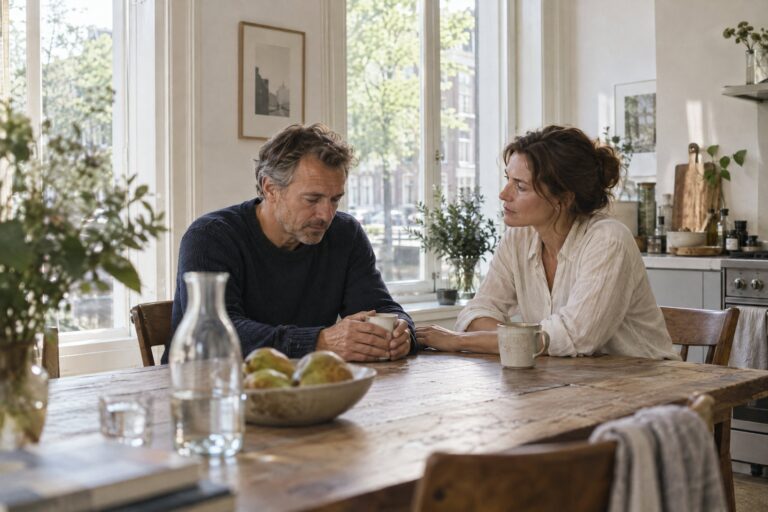 Man en vrouw in een open gesprek aan de keukentafel