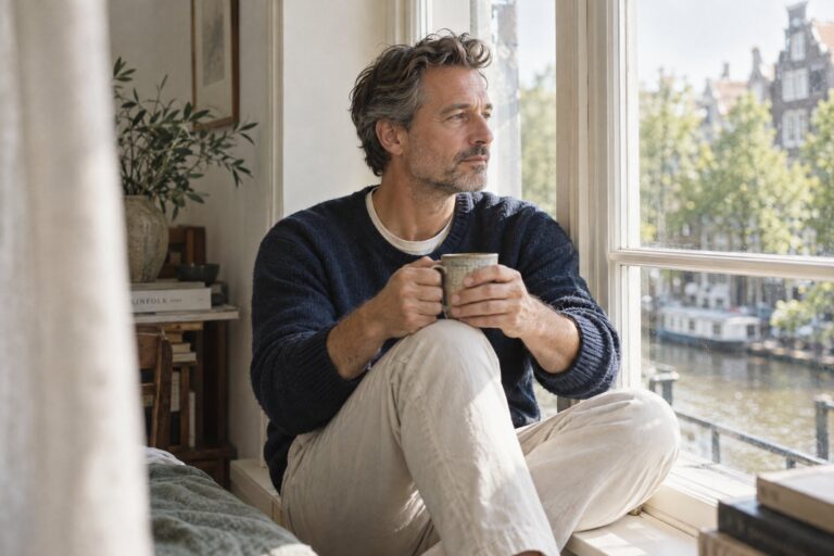 Man zit met een mok thee in de vensterbank en kijkt rustig naar buiten