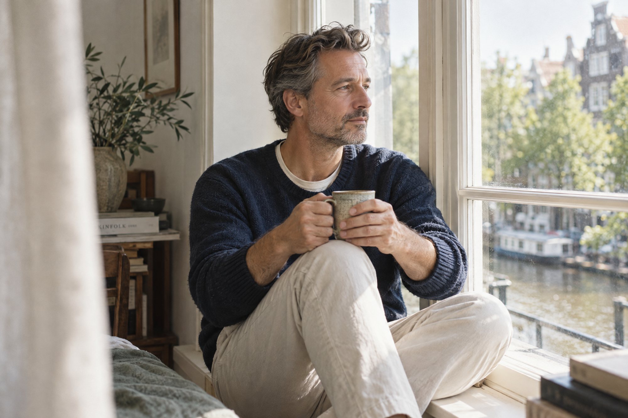 Man zit met een mok thee in de vensterbank en kijkt rustig naar buiten