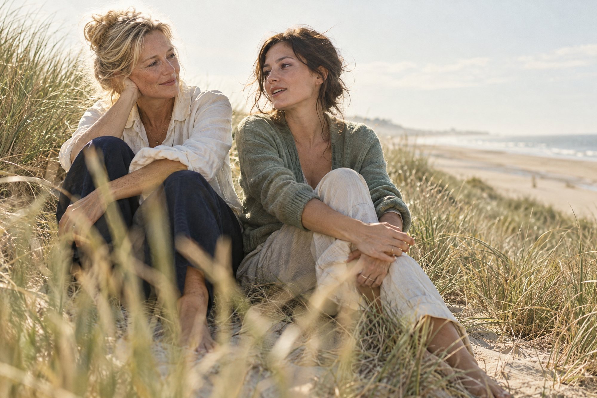 Twee vrouwen in een rustig gesprek in de duinen