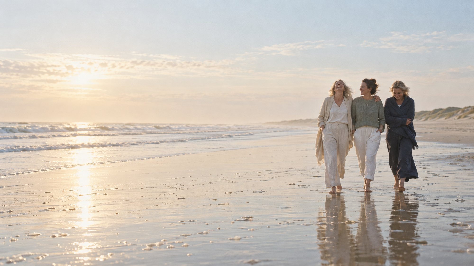 Drie vriendinnen lopen samen over het strand in het ochtendlicht
