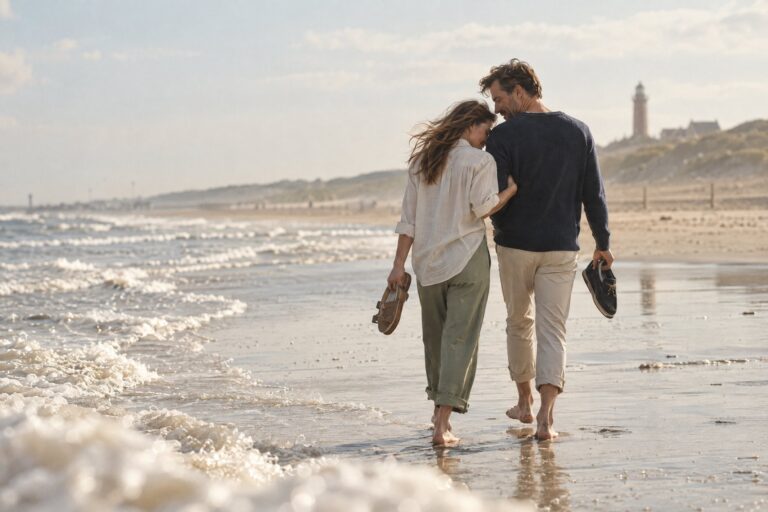 Stel loopt dicht tegen elkaar aan over het strand