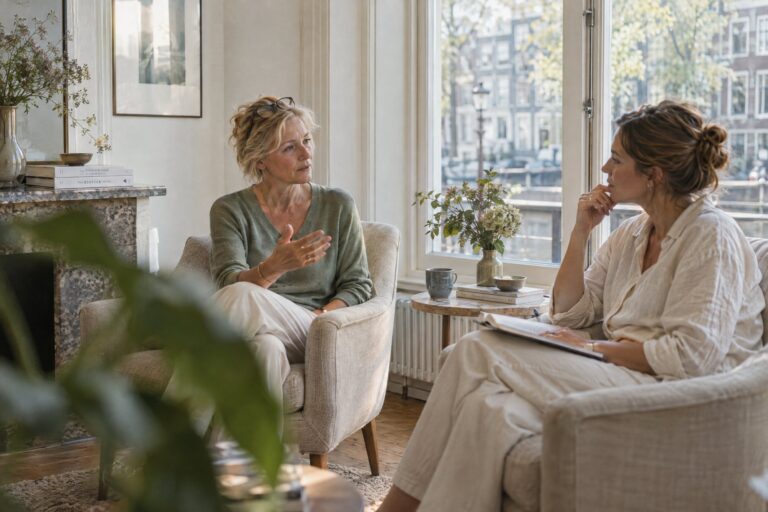 Twee vrouwen in een gesprek in een lichte kamer met uitzicht op de gracht