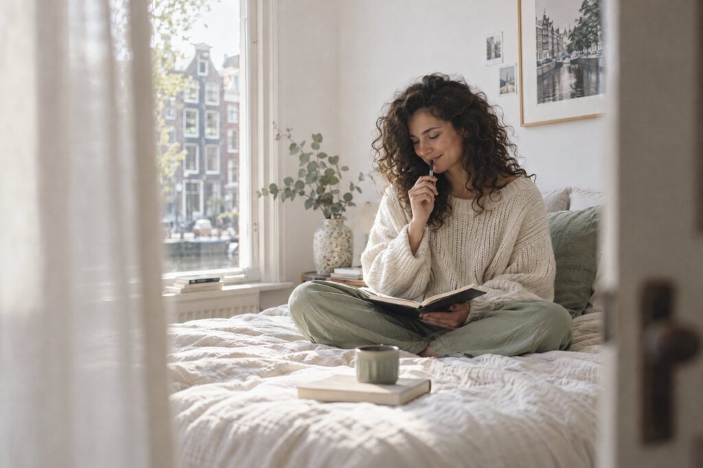Jonge vrouw schrijft glimlachend in een notitieboek op bed bij het raam