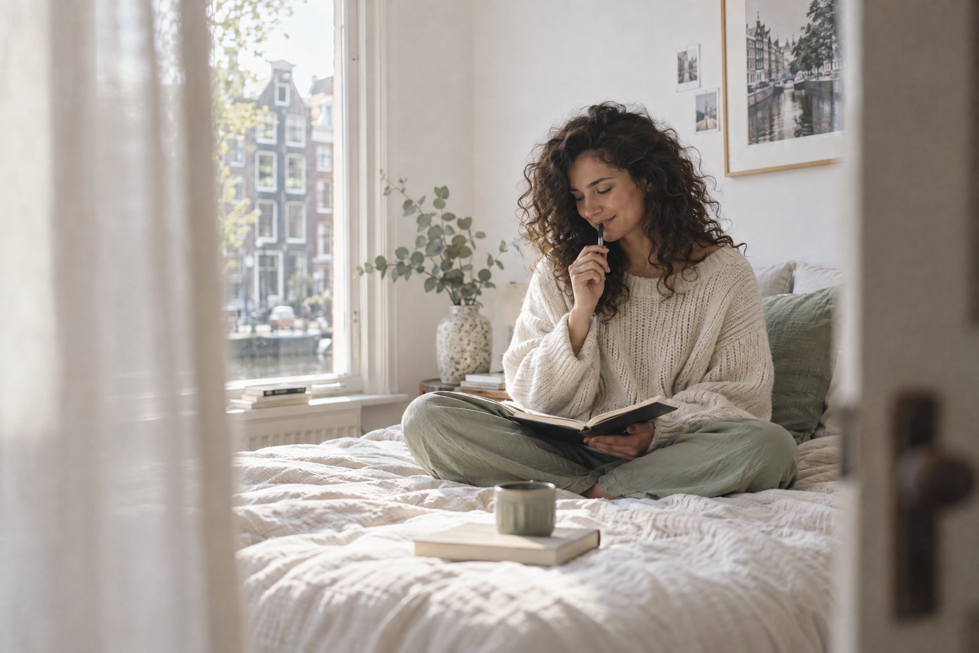 Jonge vrouw schrijft glimlachend in een notitieboek op bed bij het raam